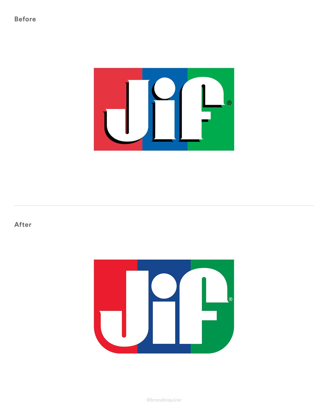 مقایسه لوگوی قدیمی و لوگوی جدید Jif پس از بازطراحی